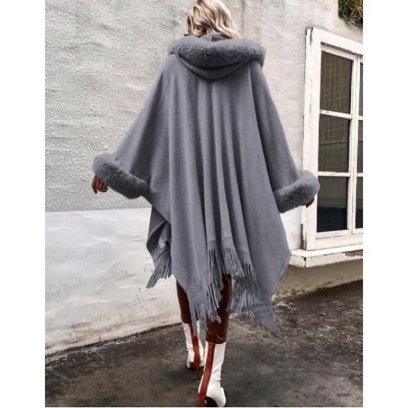 Cozy vegan fur dolman sleeve tssel poncho shawl scarf wrap cardigan - Picture 14 of 16
